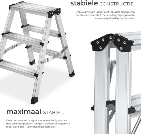 tectake® Dubbelzijdige Aluminium Keukentrap - 3 Treden - 58 cm - Stevige Trap Ladder - Opklapbaar Opstapje - Antislip Huishoudtrap