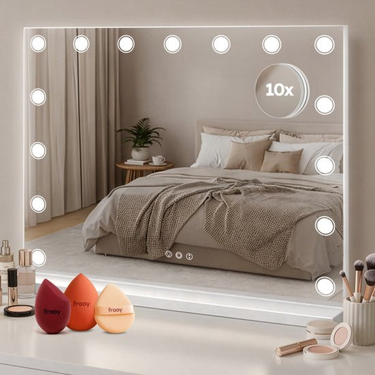 Fraay® Hollywood Spiegel met Verlichting 60x50cm - 3 Lichtstanden - Make Up Spiegel met 10x Vergrootspiegel - LED Dots Verlichting Dimbaar - Incl. 2 Beauty Blenders en Powder puff