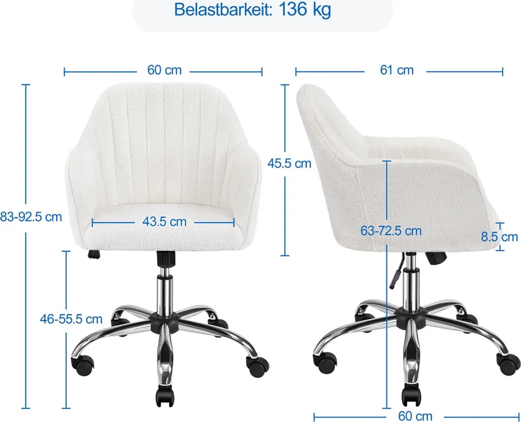 Yaheetech Bureaustoel Verstelbaar 60 x 61 x 83-92,5 cm - Ivoor - Bouclé Bureaustoel met Wielen en Armleuningen