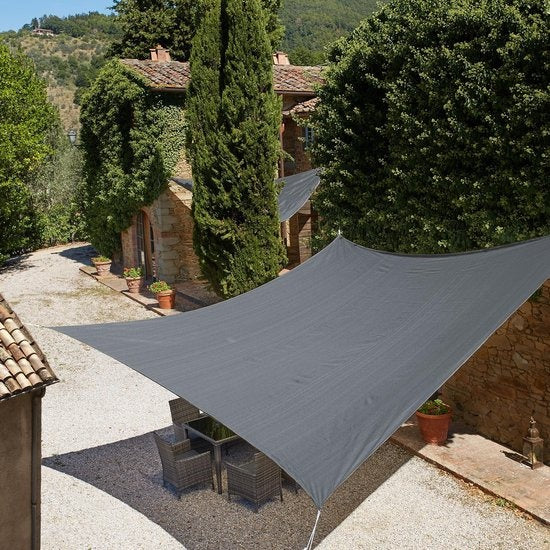 tectake® - Zonnescherm - Schaduwdoek - Vierkante Zonneluifel - Tarp Met UV-bescherming 50+ - Scheurvast - Inclusief spankabels, eenvoudige bevestiging - 5,4 x 5,4 m - Grijs