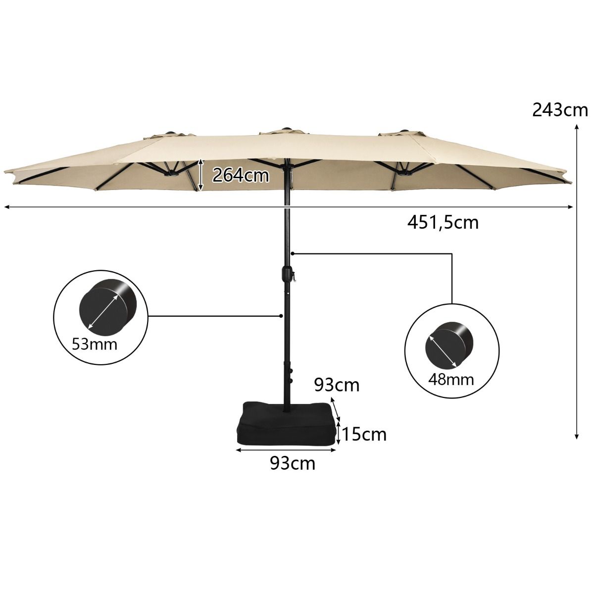 Coast Dubbele Terrasparasol met Standaard - XXL schaduw - Zwengelmechanisme - Beige 451,5 x 264 cm
