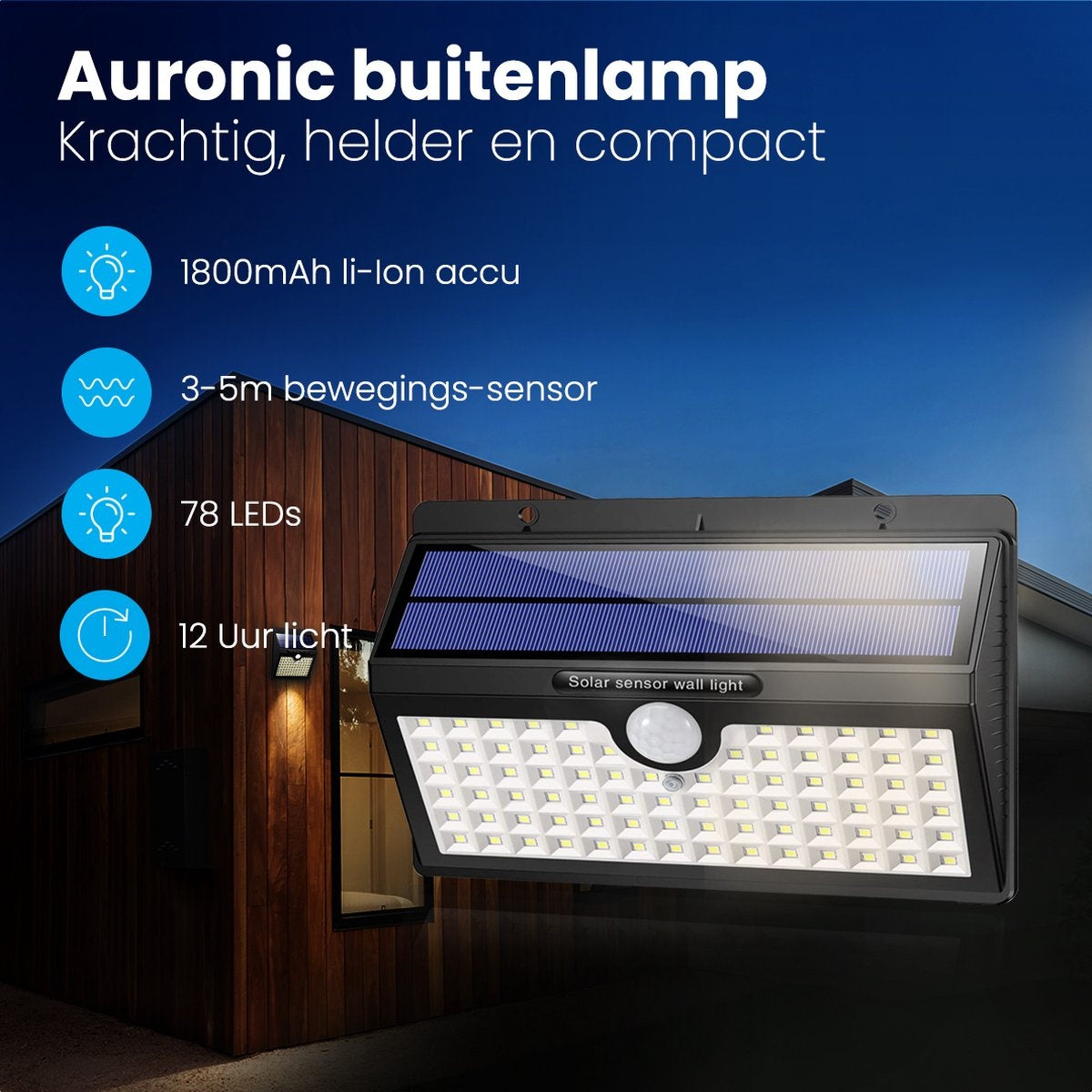 Auronic Solar Buitenlamp met Bewegingssensor - Tuinverlichting Op Zonne-energie - Wandlamp - 78 LED's - IP65 - 2 Stuks - Zwart