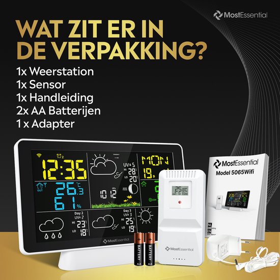 MostEssential Weerstation Wifi Edition - Plug & Play Installatie - Draadloos - Weerstation met Buitensensor - Hygrometer - Binnen en Buiten - 150 Meter Bereik - Inclusief App - Wit - 1 sensor