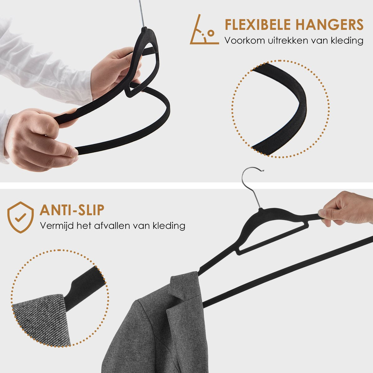 Acaza Fluwelen kledinghangers - 60 stuks - Antislip met draaibare haak - Zwart