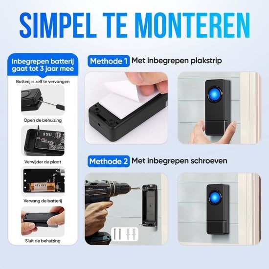 Strex Draadloze Deurbel met 2 Ontvangers Op Batterij - Plug & Play - 300 Meter - 4 Volume / 58 Melodieën - IP55 Waterdicht