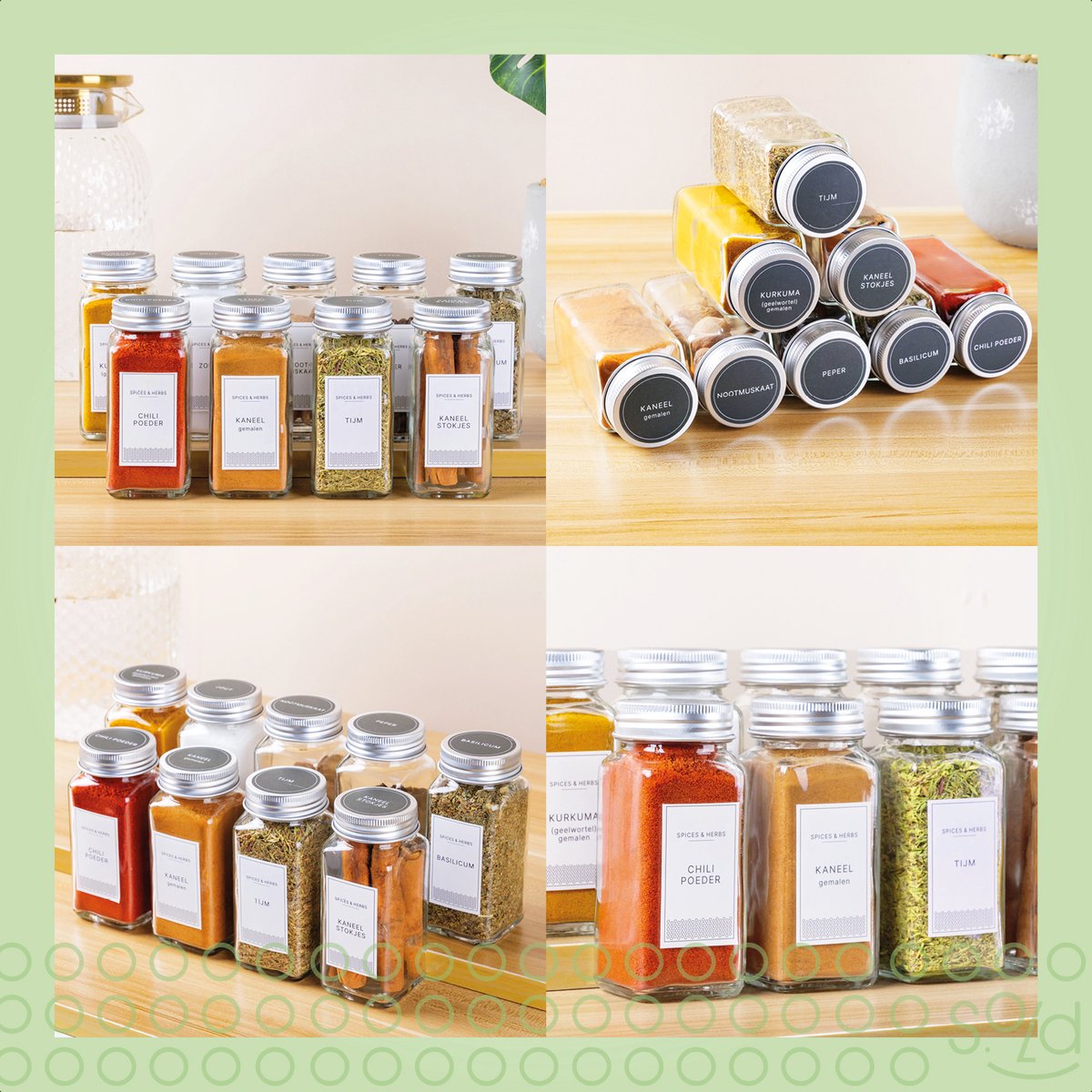 S.old - 36 Vierkante Glazen Kruidenpotjes met Metalen Deksel - Kruidenstrooier - Complete Set met Strooideksels - Voorbedrukte Stickers en Trechter - Inhoud 120 ml - 10,5 x 4,3 cm - Glas