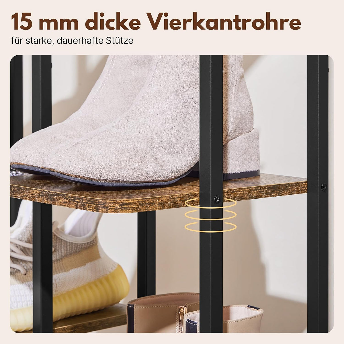 Yaheetech Smal Schoenenrek met 10 Etages - 26,5 x 30 x 162 cm - Met Haakjes - Vintage Hout en Metaal - Rustiek Bruin