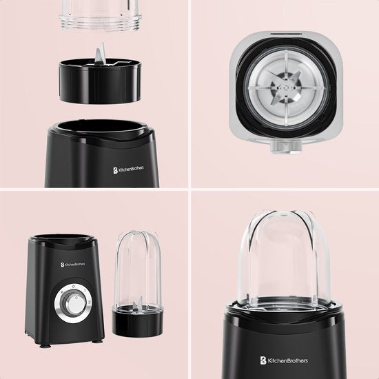 KitchenBrothers Smoothie Blender - 2-in-1 - Blender to Go - 4 Bekers - Smoothie Maker To Go - Mini Blender - Zwart