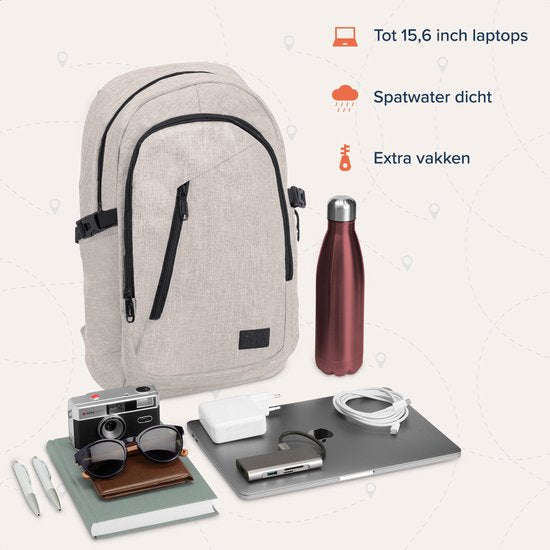 TRVLMORE Rugtas - 25L - 15,6 Inch - Laptop Rugzak met USB - Schooltas - Heren en Dames - Tas Champagne
