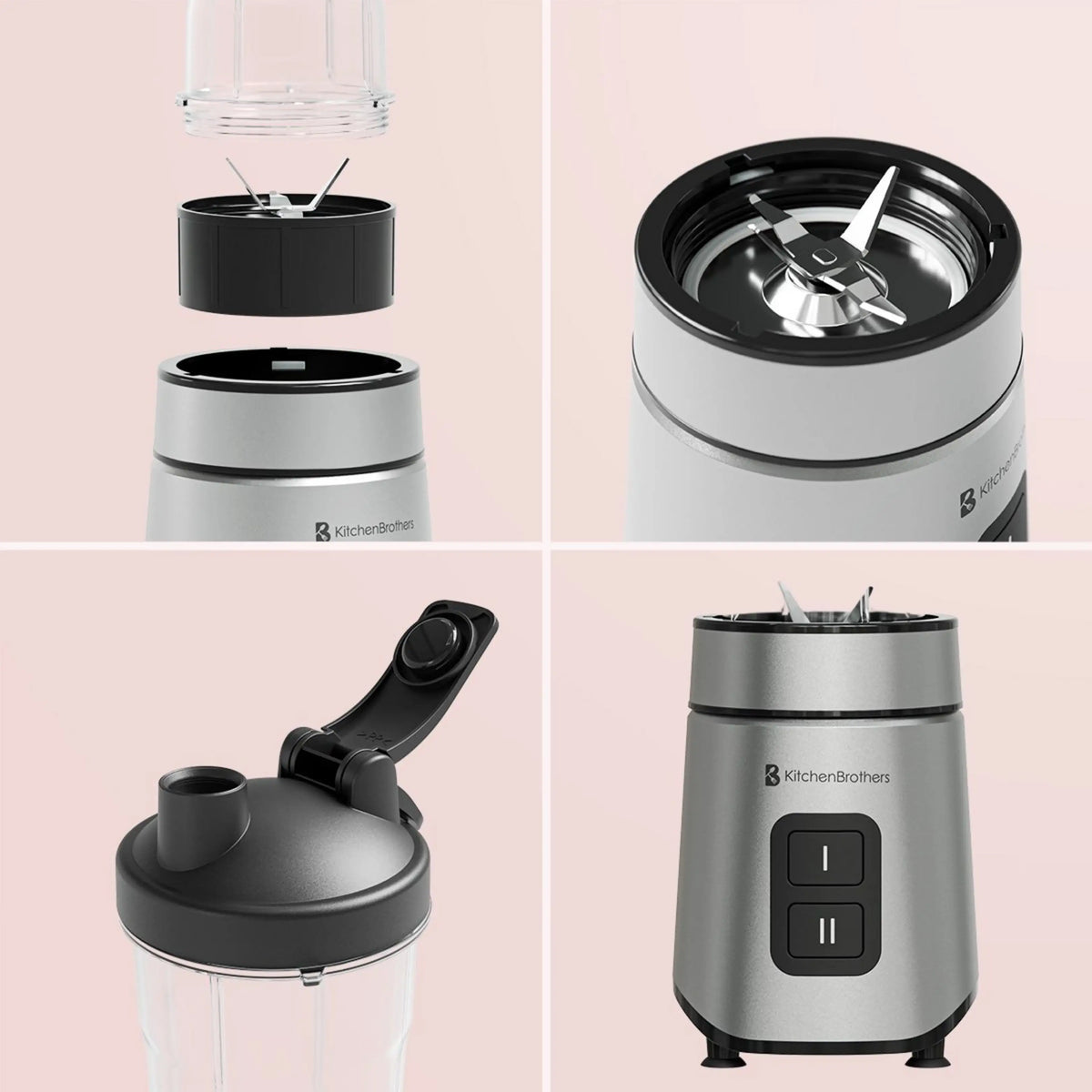 KitchenBrothers Mini Blender To-Go met 2 Flessen van 600 ml - 550 W - 4 RVS Messen - Zwart