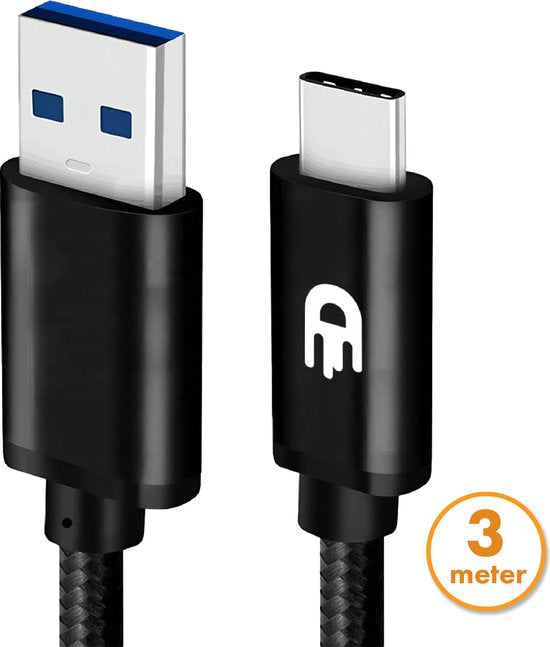 Drivv. USB naar USB C Kabel - Snellader - USB C Data en Oplaadkabel - 3 meter - Geschikt voor Samsung, iPhone 15 & Meer - Zwart