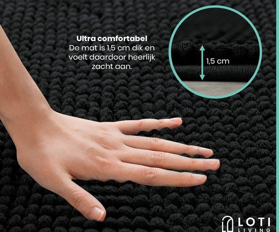 Loti Living Badmat Antislip – Douchemat – Badmat Badkamer – Vloermat - Chenille badmat - Zwart - 50x80 cm