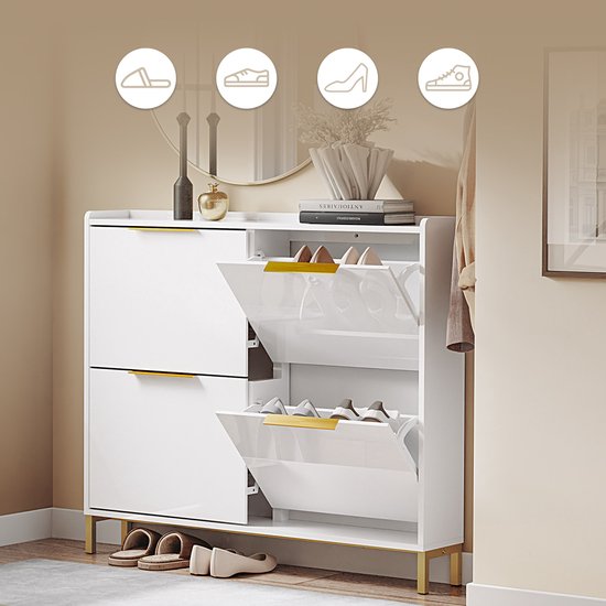 SoBuy FSR206-GW Schoenenkast Ingang – Ultradun 19 cm – Hoogglans Wit en Goud – Voor Hal, Gang, Kleine Ruimte, Met Kantelbeveiliging en Vloerbescherming – 100x19x88.5 cm
