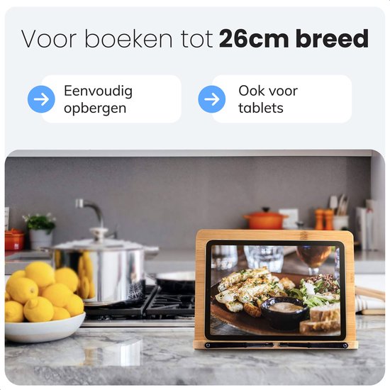 Kookboek en tablet standaard - Verstelbaar met klemmen - Boeken - Steun - Standaard - Rek - Houder - Book - Steunen - Metaal - Hout - Bamboe - Lees - Rekje - Luft