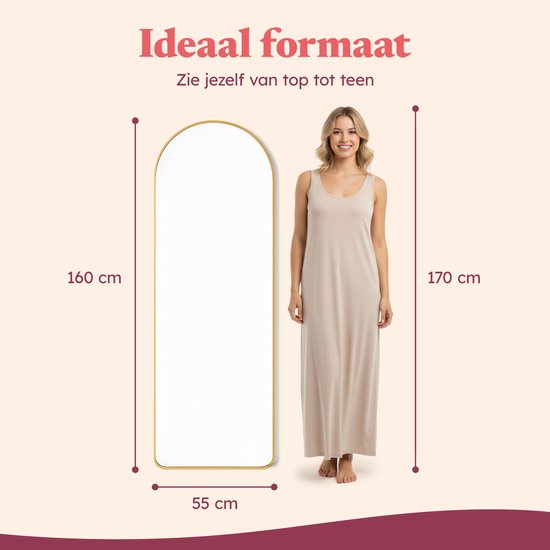 Fraay Passpiegel 160x55cm - Staand & Hangend - Minimalistische Wandspiegel - Staande Spiegel - Geborsteld Goud