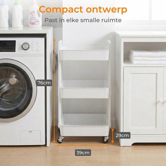Posity Keukentrolley op wieltjes – Serveerwagen / Opbergtrolley / Keukenrek / Trolley Keuken – Verrijdbaar en Vast – 3 Lagen – Kunststof – Wit
