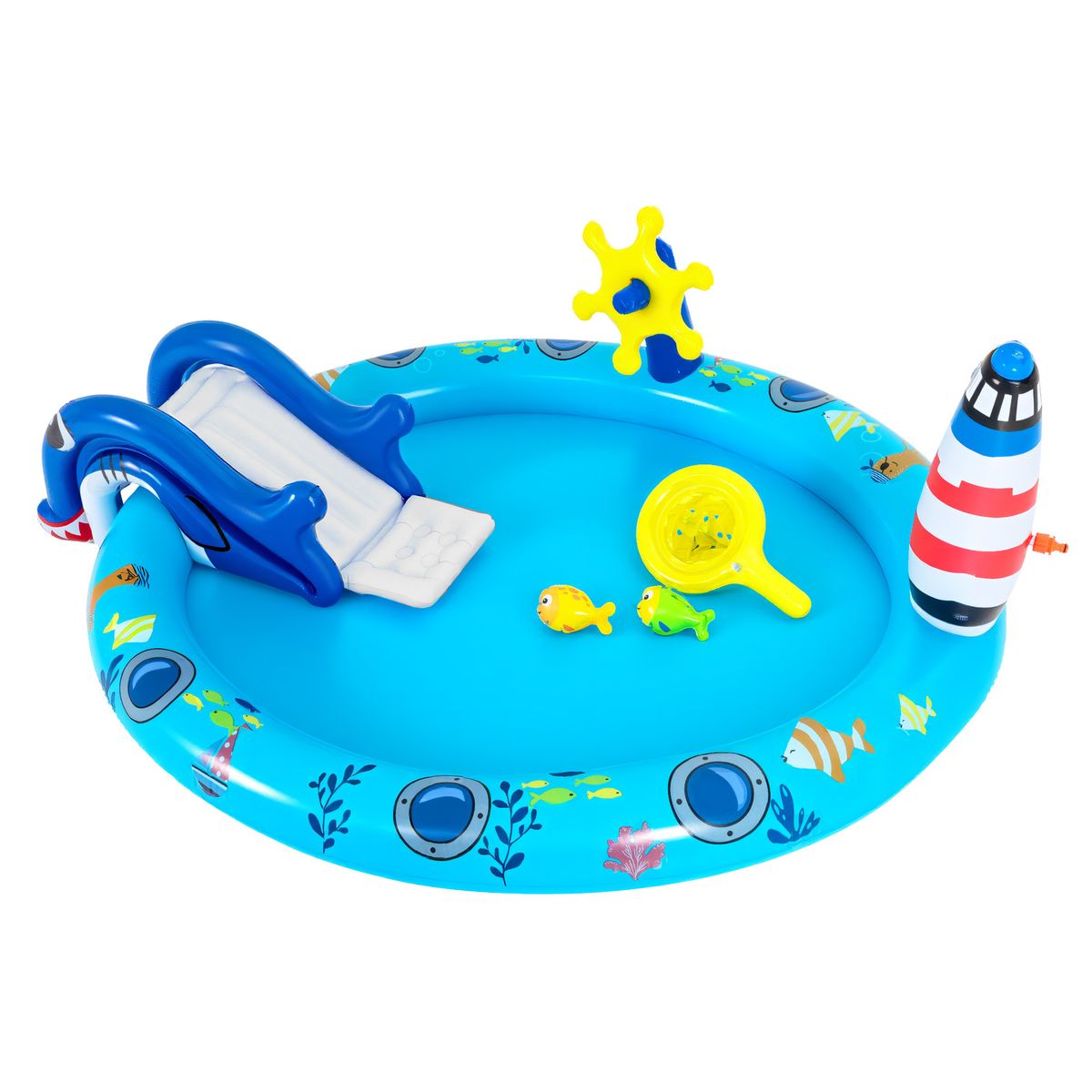 Coast Opblaasbaar Kinderzwembad - Waterspeelcentrum met zee-thema - Haai-glijbaan en sproeier - Multikleur 188 x 153 x 63 cm