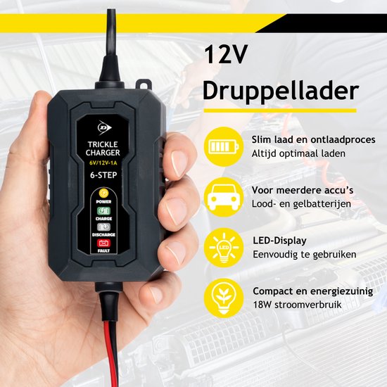 Dunlop Druppellader 6/12V 1A – Auto Oplader met 6-Staps Laadcyclus – voor Scooter en Motor – Beveiligd tegen Kortsluiting – Onderhoudslader voor Lood en Gel – Zwart