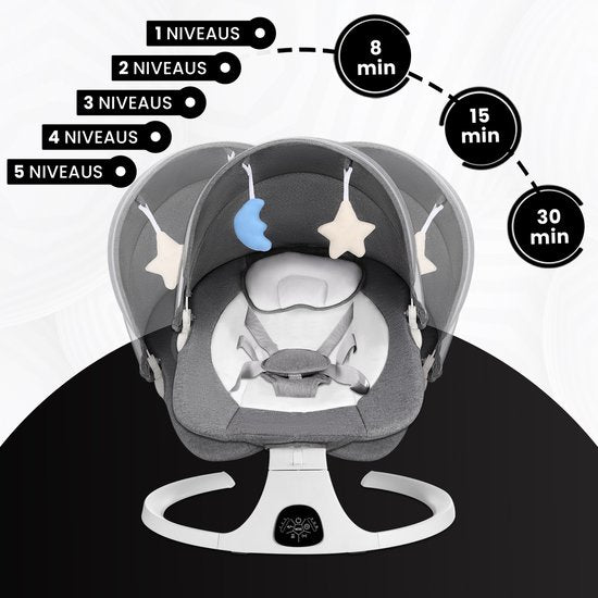 Oemmie Elektrische wipstoel - Baby swing - Schommelstoel baby - Baby wipstoel - Inclusief bluetoothfunctie en afstandsbediening - 5 Schommelstanden - Grijs