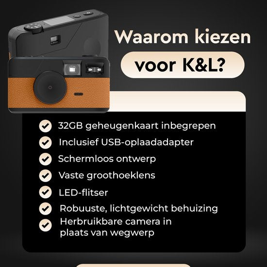 K&L Digitale Camera - Schermvrij - Oplaadbaar - 16.000 Foto's - Fotocamera - Vintage - Inclusief 32GB - Duurzaam - Bruin