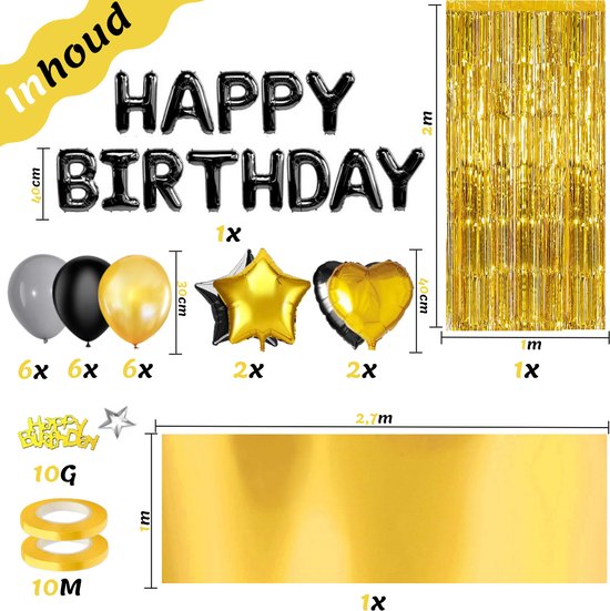 Feestio Ballonnen Verjaardag Versiering met Tafelkleed en Slingers - Helium - Zwart Goud