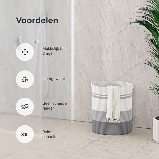 Organess wasmand - Wassorteerder - Opvouwbaar - 80L - Katoen - Wit & Grijs