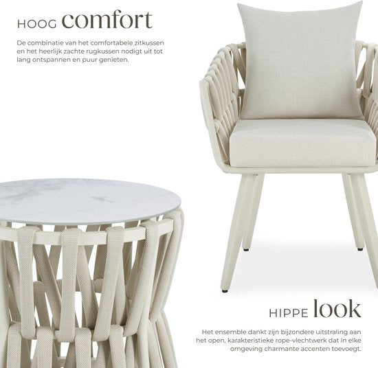 tectake® Tuinset Lugano - Tuinstoel - Loungestoel met Bijzettafel - Buitenstoel in Rope-Design met Aluminium Frame - Buiten Fauteuil met Dikke Kussens - Loungeset voor Tuin of Balkon - Terrasstoel - UV- en Weerbestendig - Beige