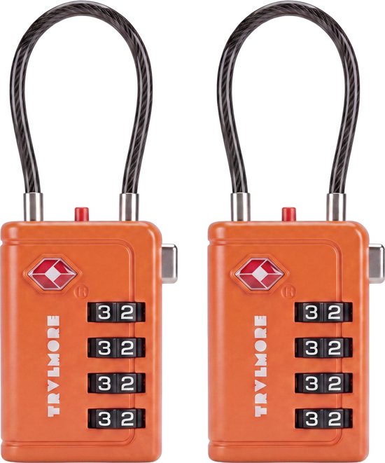 TRVLMORE Kofferslot met Kabel - TSA Gecertificeerd - Alarmfunctie - 4-Cijferig - 2 Stuks - Oranje