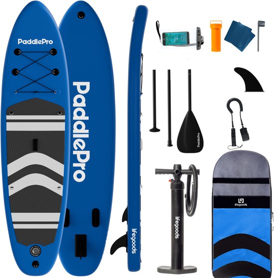 LifeGoods PaddlePro SUP Board - Opblaasbaar Paddle Board - Compleet Set - Max. 150KG - 320x81cm - Blauw