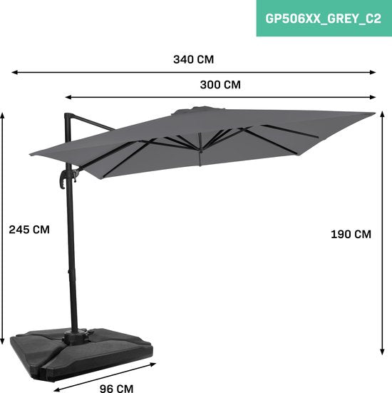 VONROC Zweefparasol - Grijs - 300x300 cm