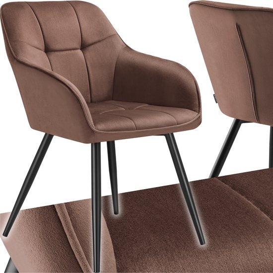 tectake® Eetkamerstoel Marilyn - Gestoffeerde Stoel in Fluweellook - Stikpatroon - Zwarte Stoelpoten - Ergonomische Keukenstoel - Met Doorlopende Rugleuning en Armleuningen - Stoel voor Woonkamer, Eetkamer, Slaapkamer - Bruin