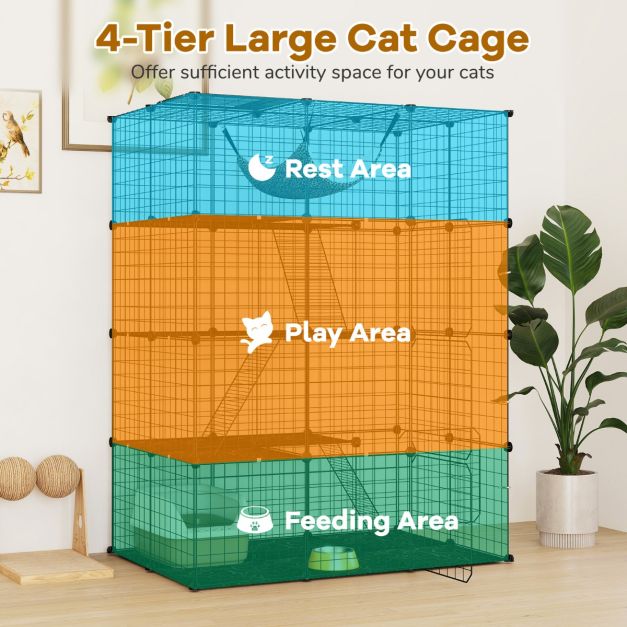 Ruime 4-laagse kattenkooi 143 cm hoog – Zwarte metalen draadkooi met hangmat, plateaus en ladders voor katten en kleine huisdieren