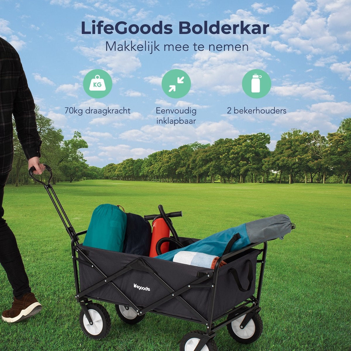 LifeGoods Bolderkar - Opvouwbaar - Draaibare wielen - 2 Standen - 70KG Draagkracht - Zwart