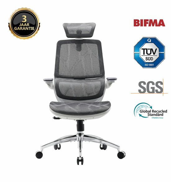 SIHOO M59AS Ergonomische Bureaustoel - 3D Verstelbare & 90° Opklapbare Armleuningen - Dubbele Rugleuning met Adaptieve Lendensteun - Zadelvormig Zitkussen - Hoogwaardig Mesh - BIFMA/SGS Gecertificeerd - Tot 150kg - 43.5x50.5x101.6cm——grijs