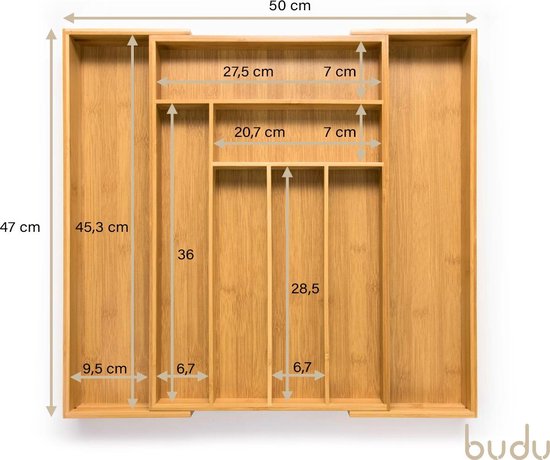 Budu Uitschuifbare Bamboe Bestekbak #47 (47 cm diep) - Bestekcassette Hout - Besteklade - 47 x 30,6 - 50 cm - 6/8 vakken
