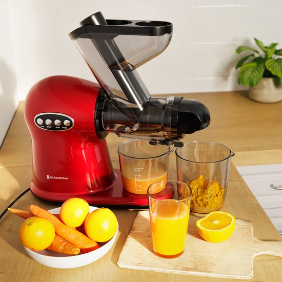 KitchenBrothers Slowjuicer XL - Sapcentrifuge - Groenten- en Fruitpers - 43 mm en 70 mm invoer - 500 ml - Rood