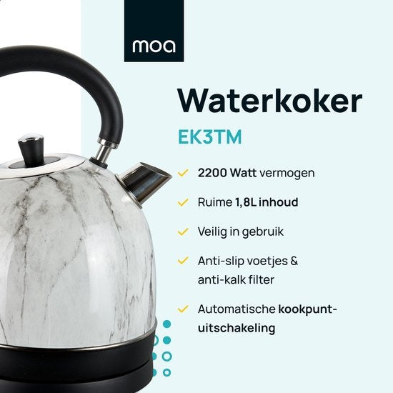 MOA Waterkoker Retro - 1.8L - RVS - BPA vrij - 2200W - 27.50x23.50x19.50 cm - Wit Marmer