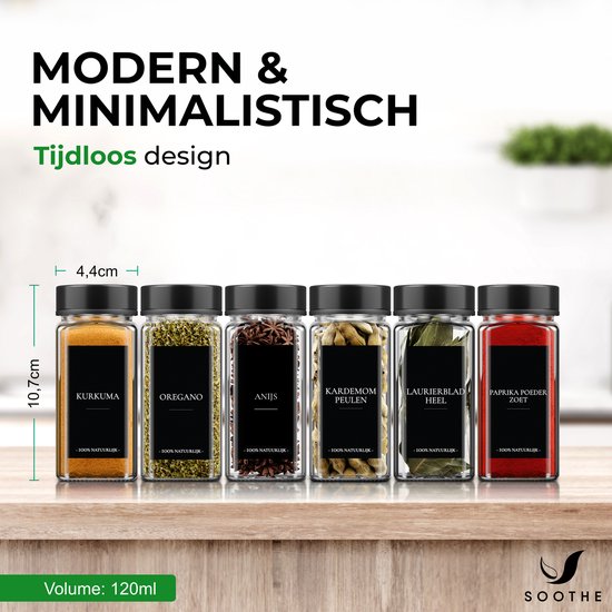 Soothe 48 Glazen Kruidenpotjes Vierkant met Zwarte Deksel – 2 Soorten Strooideksels – Kruidenstrooier – Spice Jars – Complete Set incl Kruiden Stickers, Krijtstift en Accessoires – 120ml