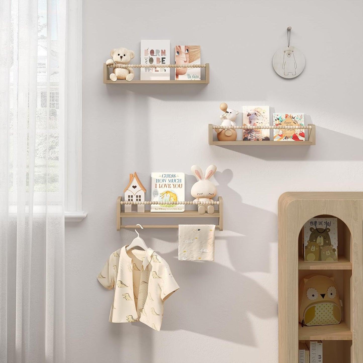 Woltu Kinderboekenplank Set van 3 Wandplanken - Massief Dennenhout Naturel - 50 x 14 x 15 cm - Zwevende Montessori Boekenplanken voor Kinderkamer