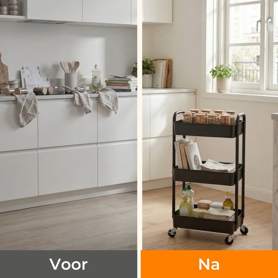 Posity Keukentrolley op wieltjes – Serveerwagen / Opbergtrolley / Keukenrek / Trolley Keuken – Verrijdbaar en Vast – 3 Lagen – Kunststof – Zwart