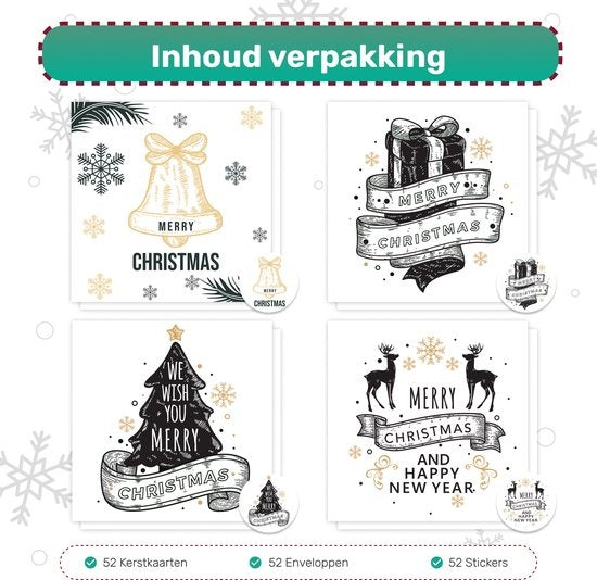 Giftmas Kerstkaarten - Wenskaarten - 52 Stuks - Met Enveloppen en Stickers - 10x10cm