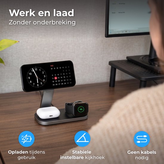 Nuvance Draadloze Oplader - 3 in 1 - 15W - Oplaadstation - Snellader - Wireless Charger - Geschikt voor Apple Smartwatch & Oortjes