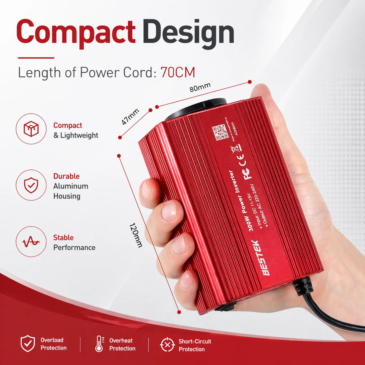 BESTEK 300W Omvormer 12V naar 230V – 2 USB-poorten & Stopcontact – Voor Auto, Camper en Onderweg – Rood