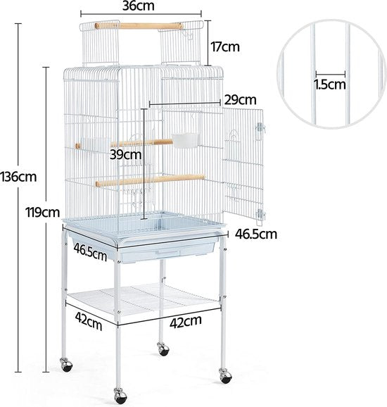 Yaheetech Vogelkooi voor Wellensittich, Kanarie en Papegaai - met Standaard, Speelgoed en Opbergruimte - Wit - 46,5 x 46,5 x 136 cm