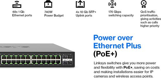Linksys LGS352MPC - Netwerk Switch - Gigabit - Managed - 48 Poorten - PoE+ - Zwart
