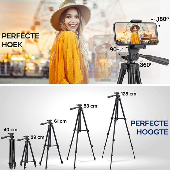 Studio ME Telefoon Statief - 128 cm - Tripod Smartphone - Zwart - Camera Statief - Telefoonhouder - Incl. Bluetooth Afstandsbediening - Statief Telefoon