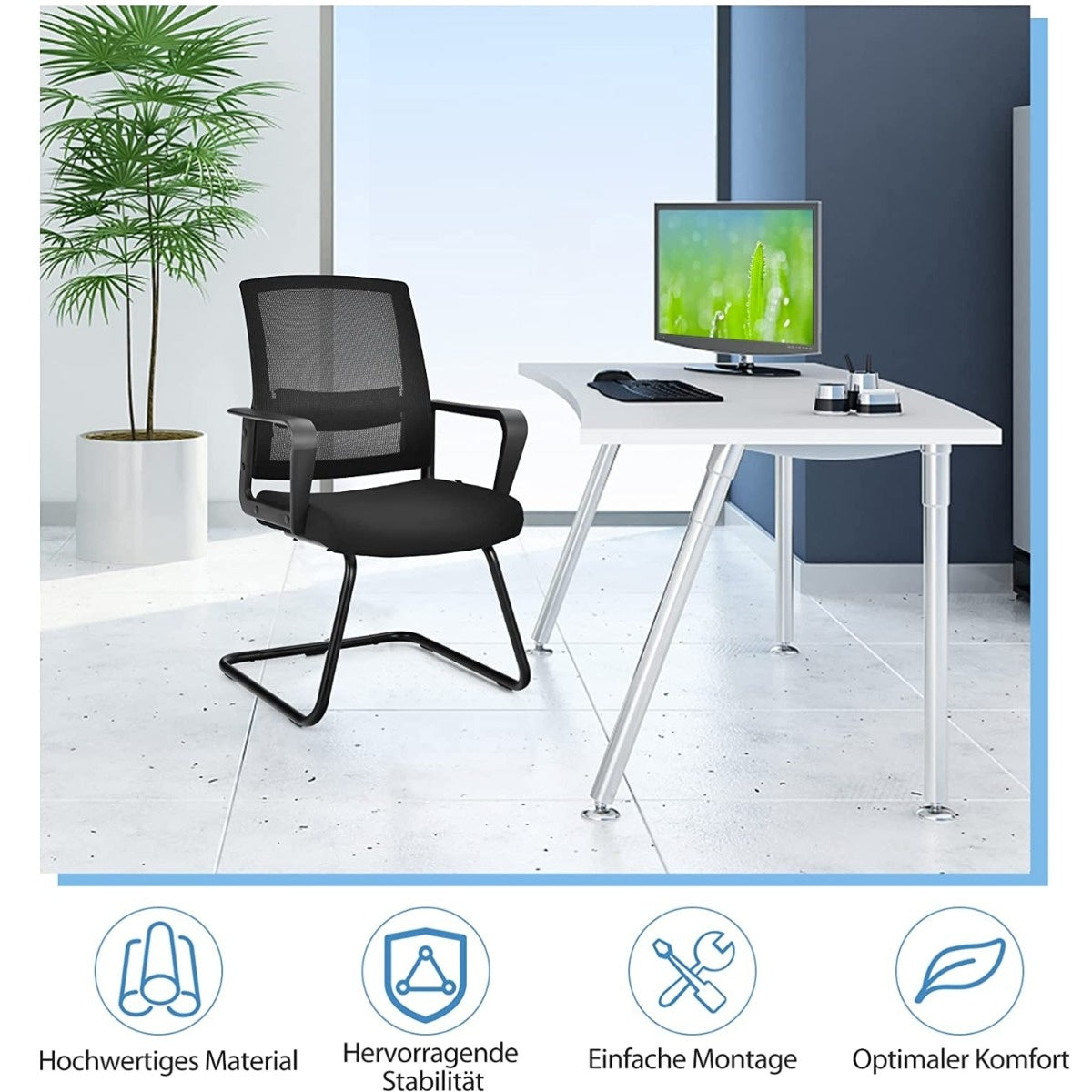 Coast Vergaderstoel Zwart – Ergonomische Bezoekersstoel met Mesh Rugleuning, Armleuningen en Verstelbare Lendensteun