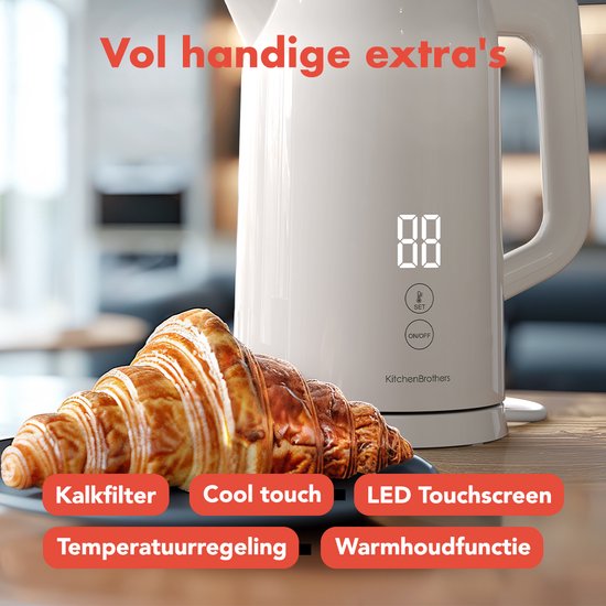 KitchenBrothers Waterkoker - 1.7L - Met Temperatuurregeling - Elektrisch - Warmhoudfunctie - Display - Dubbelwandig - Cool-touch - 2200W - Beige