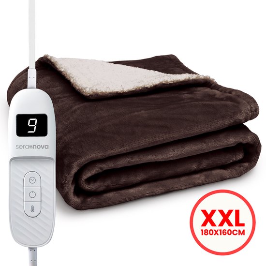 Seranova Elektrische Deken XXL - 180x160 cm - 2 persoons Bovendeken - Warmtedeken - Dubbelzijdig - Fleece Sherpa - Kastanjebruin
