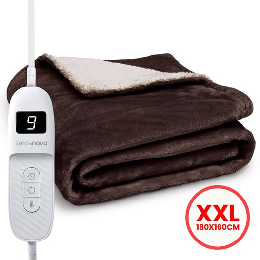 Seranova Elektrische Deken XXL - 180x160 cm - 2 persoons Bovendeken - Warmtedeken - Dubbelzijdig - Fleece Sherpa - Kastanjebruin